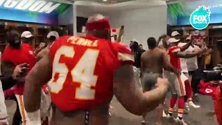 Kansas City Chiefs celebrate in the locker room after winning Super Bowl LIV - FOX NFL