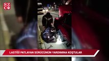 Lastiği patlayan sürücünün yardımına gece kartalları koştu