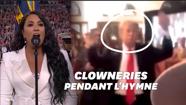 Donald Trump agité et mimant l'hymne américain le soir du Super Bowl
