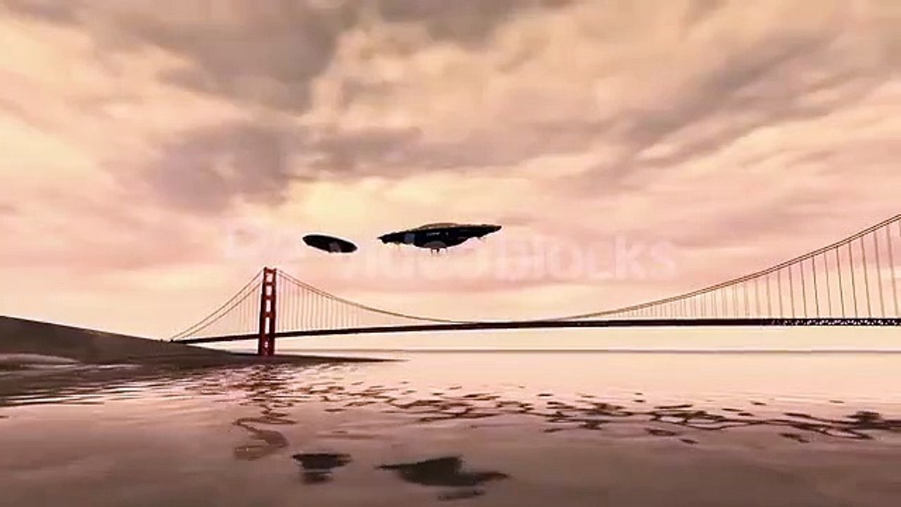 MONTAGEM OVNI SOBREVOANDO RIO E ENORME VIADUTO
