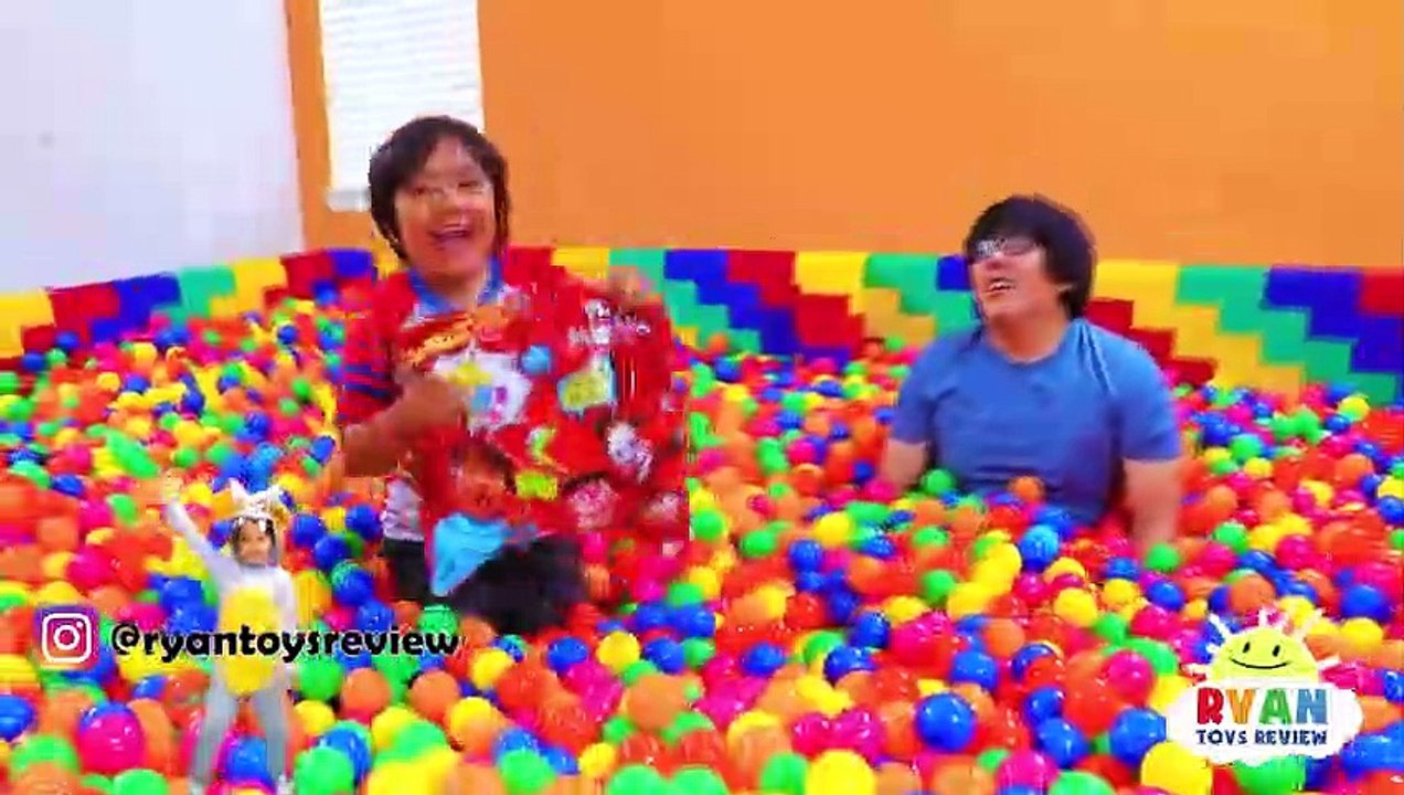 Ryan Pretend Play Fishing in the Giant Lego Box Fort Ball Pits for animals!