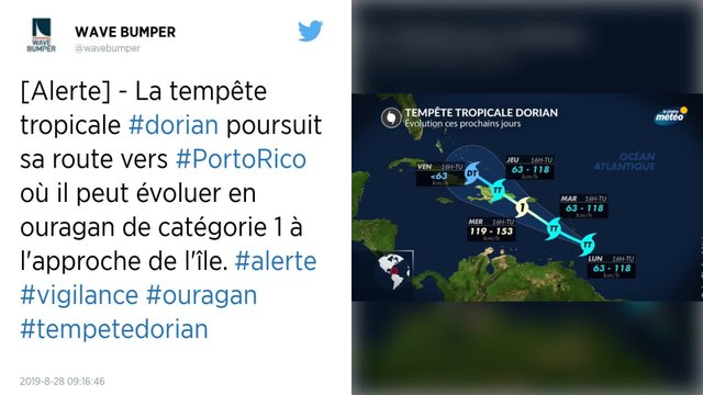 La tempête Dorian se renforce, et se dirige vers Porto Rico et la République dominicaine