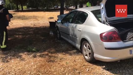 Un coche acaba de forma vertical frente a un pino en Las Rozas