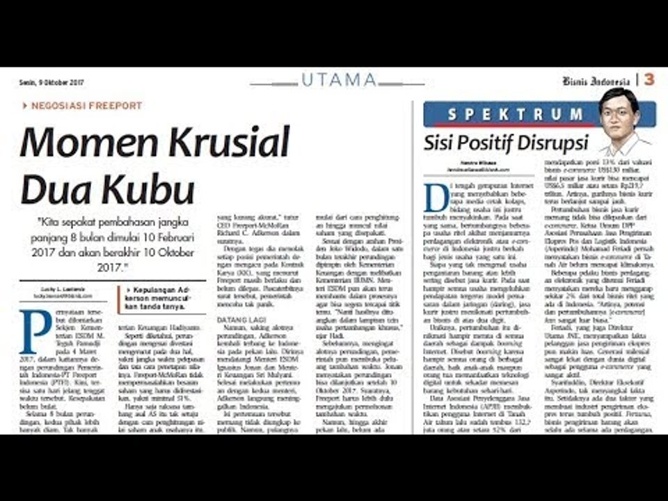 Perkembangan Negosiasi Kontrak Freeport - Bisnis Pagi Edisi 9 Oktober 2017 (2/3)