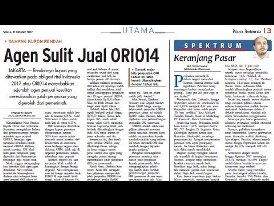 Agen Kesulitan Jual ORI 14 - Bisnis Pagi Edisi 17 Oktober 2017 (2/3)