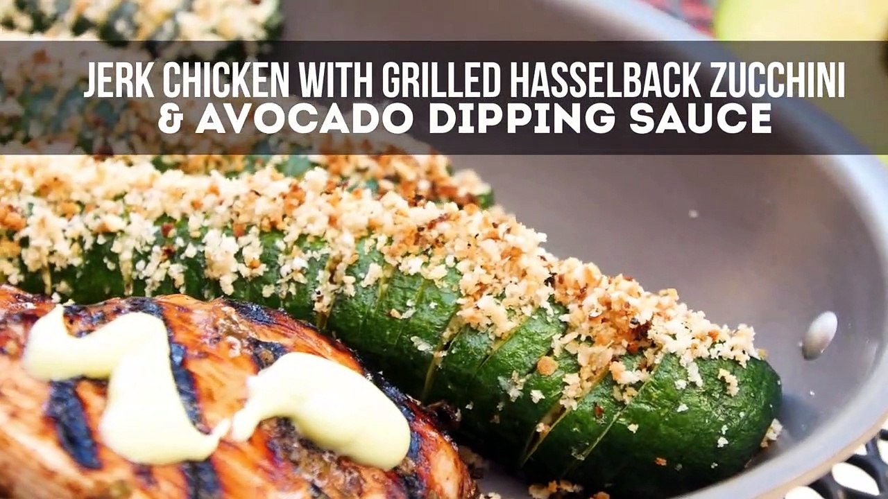 Jerk Chicken with Grilled Hasselback Zucchini and Avocado Dipping Sauce