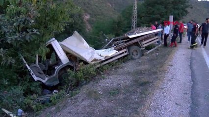 Devrilen kamyonetin uçuruma yuvarlanmasını kiraz ağacı engelledi