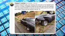 Video Shows Unoccupied Muscle Car Slamming Into Vehicle On Highway After Falling Off Flatbed Truck!