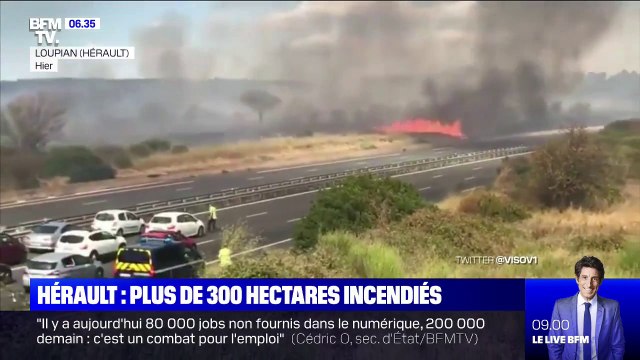 Hérault: les images des blocages sur l'A9, coupée à cause des incendies aux abords de l'autoroute