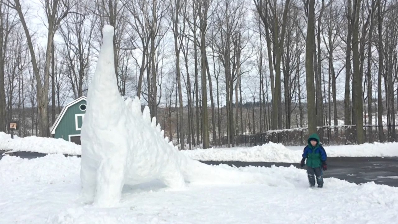 Dad and Sons Build Giant Snow Dinosaur