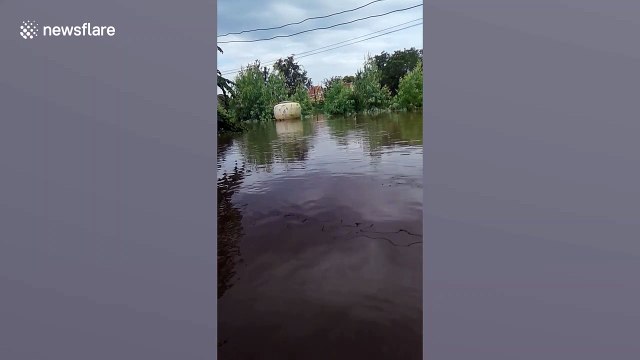 Bizarre moment huge ceramic pot floats down flooded road after heavy rain in Thailand