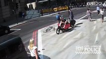 Police are hunting a cyclist jumped a red light and knocked a pedestrian to the floor with a brutal headbutt