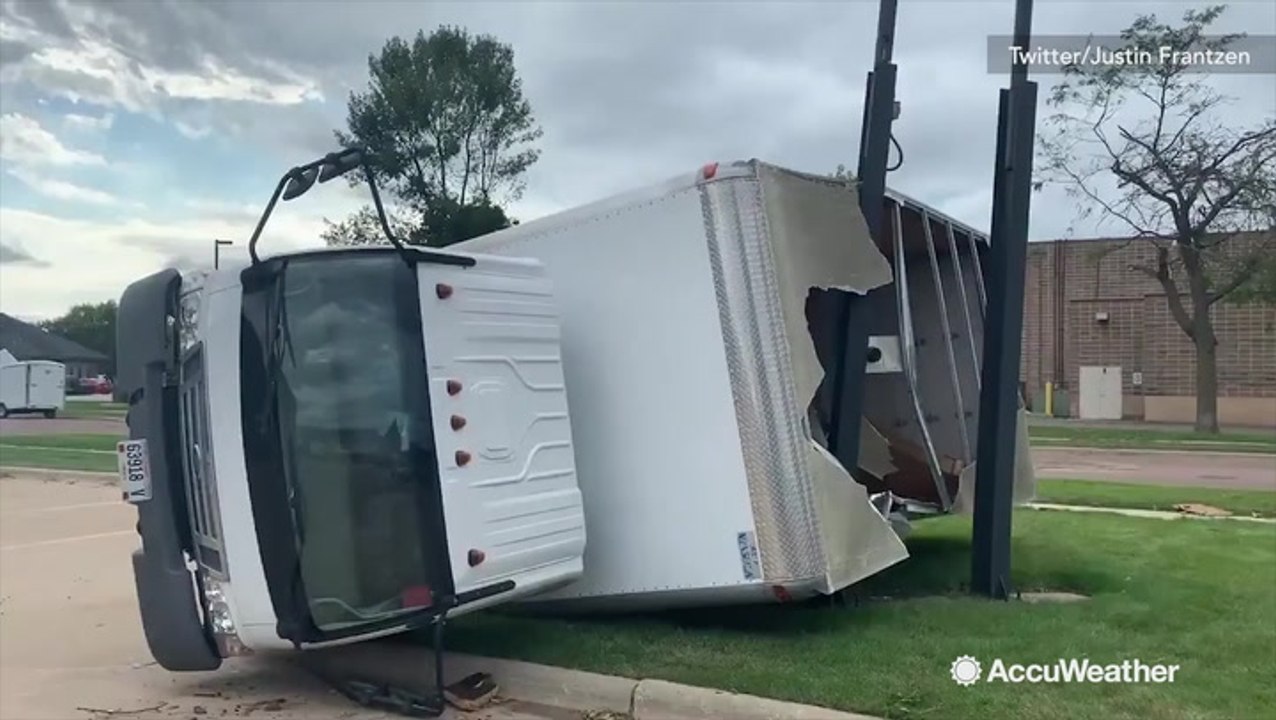 Truck overturned on its side after tornado hits Sioux Falls
