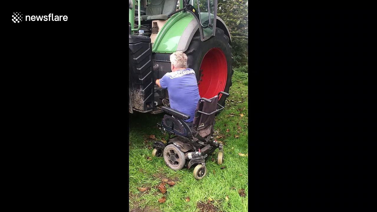 Heartwarming moment UK farmer with double amputation and loss of left arm climbs back into his tractor on his own
