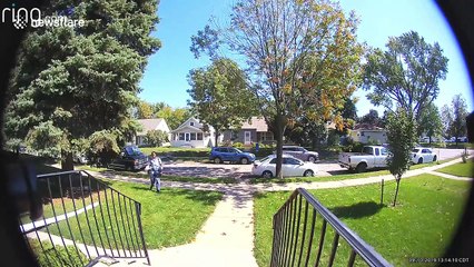 US Postal Service courier tosses Amazon package across homeowner's front lawn