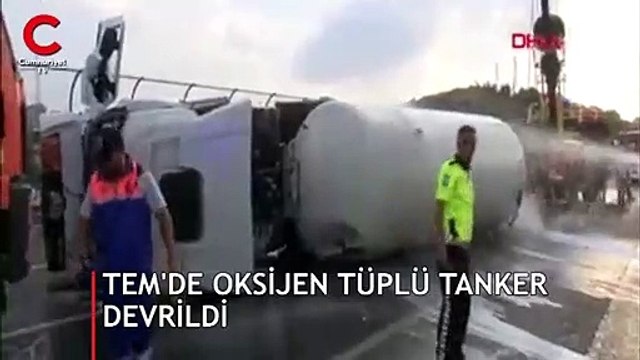 TEM'de oksijen yüklü tanker devrildi