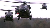 NH90, CH-47 Chinook, AH-64 Apache Helicopters Flight Operations in Close Formation
