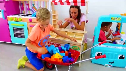 Vlad and Nikita ride on Toy Sportbike and play with toys