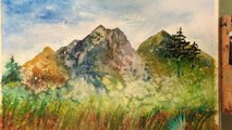 Mountain Landscape Watercolor Tutorial how to paint pine trees with grass field