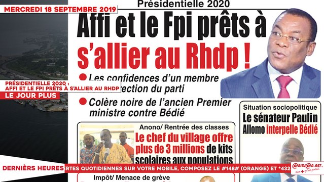 Le Titrologue du 18 Septembre 2019 : Présidentielle 2020, Affi et le FPI prêts à s’allier au RHDP