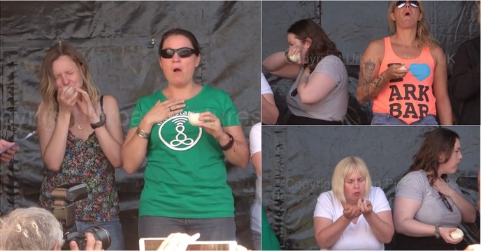 Comer cebola crua inteira o mais rápido possível... um concurso de fazer chorar!