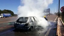 Veículo pega fogo e fica destruído perto da Praça de Pedágio
