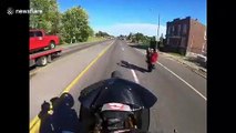 Terrifying moment US motorbike stunt rider crashes and walks away unharmed