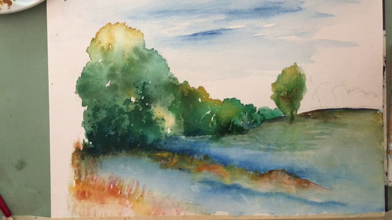 Watercolor Tutorial, River Bank, how to paint easy step by step