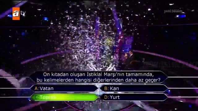 1 MİLYONLUK SORU VE CEVABI-ARDA AYTEN 1 MİLYON TL SAHİBİ OLDU.