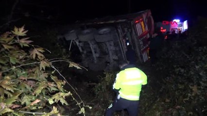 Düzce tır şarampolden yuvarlandı, profillerin altında kalan şoför öldü