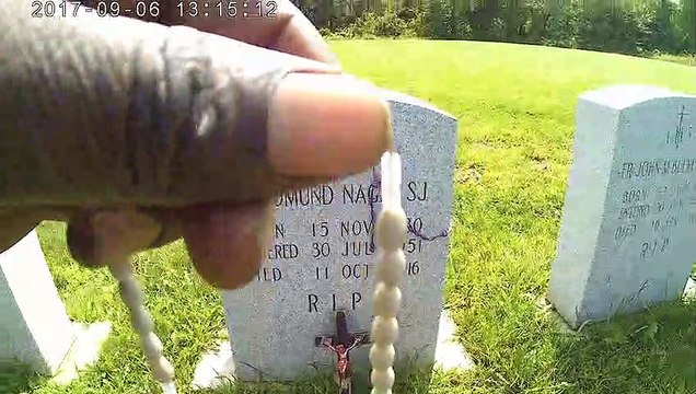 28 Fatima Pilgrimage walk across USA #77 Praying at the grave of dead Jesuit priest