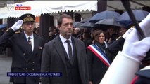 Christophe Castaner arrive dans la cour de la préfecture de police de Paris pour l'hommage aux victimes de l'attaque au couteau