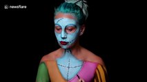Artist turns herself into Sally from 'The Nightmare Before Christmas' with bodypaint illusion