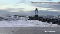 Choppy waves slam shore during windy morning