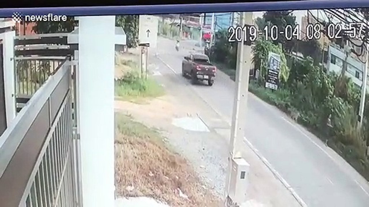 Motorcycle rider knocked out by stray dog running across road in Thailand