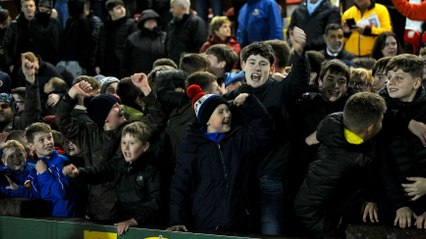 Stenhousemuir FC fans celebrate 3-2 win over Waterford FC in the SPFL Tunnock's Caramel Wafer Challenge Cup