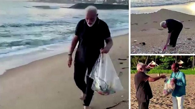 نخست وزیر هند پیش از دیدار با رئیس جمهوری چین زباله‌های ساحل را جمع‌آوری کرد