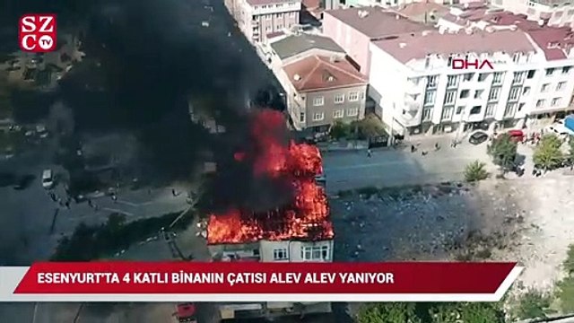 Esenyurtta 4 katlı binanın çatısı alev alev yandı