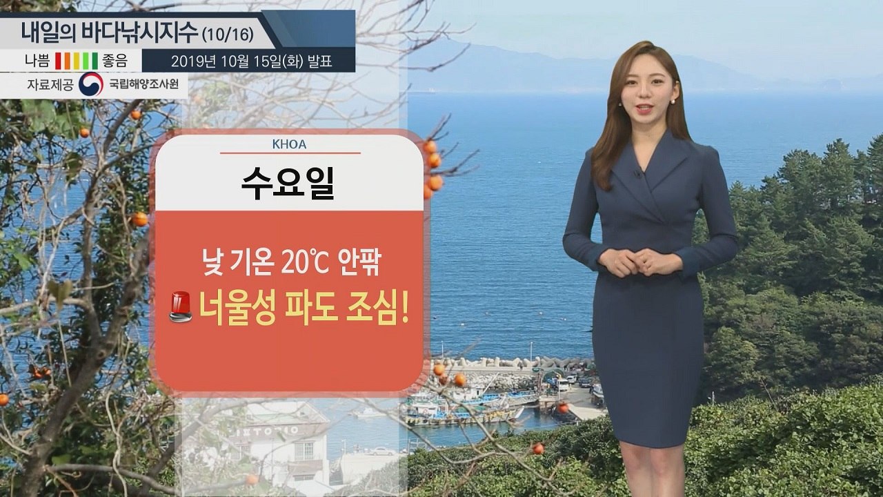 [내일의 바다낚시지수] 10월16일 해안가 중심으로 너울성 파도... 안전사고 주의...