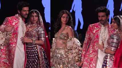 Download Video: Kartik Aaryan, Bhumi Pednekar, Ananya Panday walk the ramp in Pati Patni Aur Woh look  | FilmiBeat