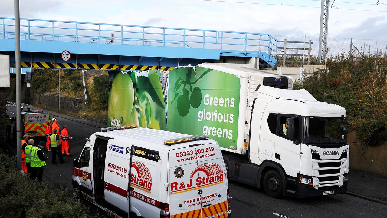 Glasgow Road Camelon Asda lorry stuck the older of the two rail bridges coming to rest under the new bridge