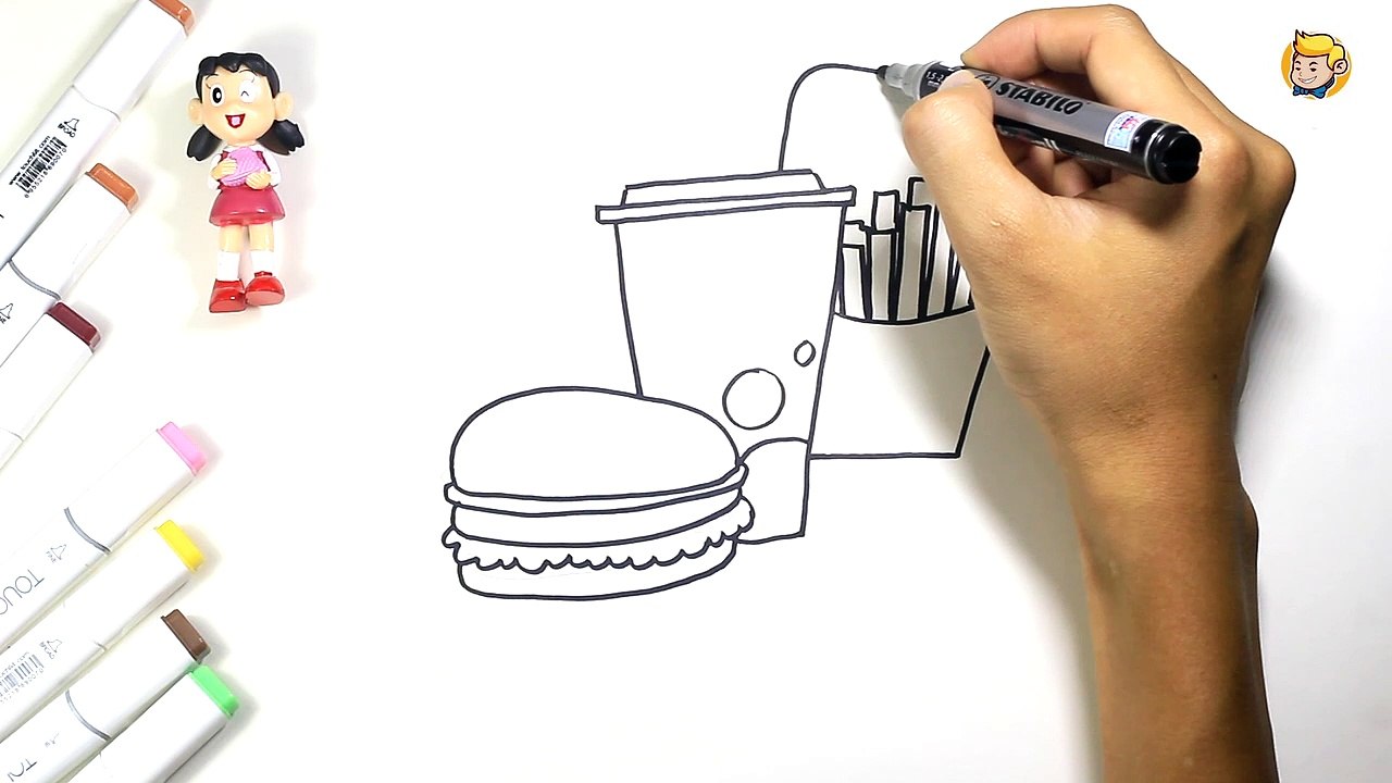 Draw and color burgers, soft drinks and chips for children