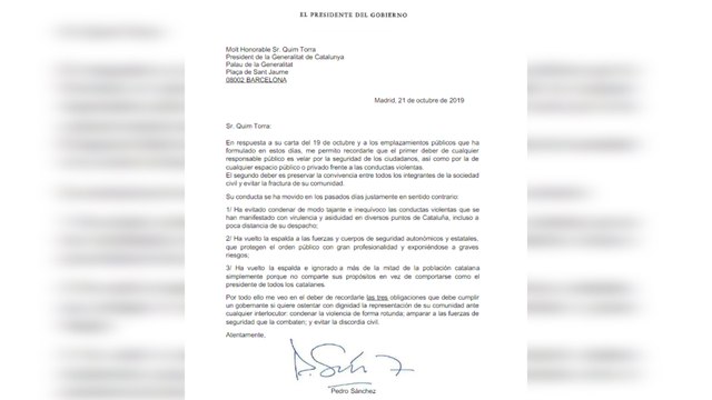 Sánchez afea por carta a Torra que no haya condenado la violencia