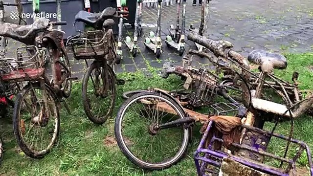 Numerous bicycles and electric scooters retrieved from river in Lyon by volunteers