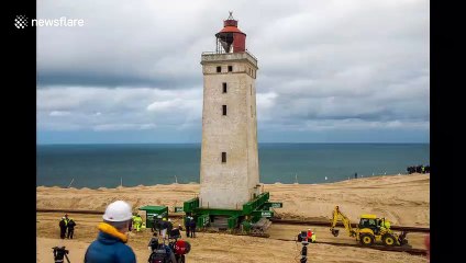 Danish lighthouse moved 70-metres inland on wheels due to eroding cliffs