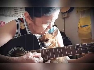 Old lady plays the guitar very well