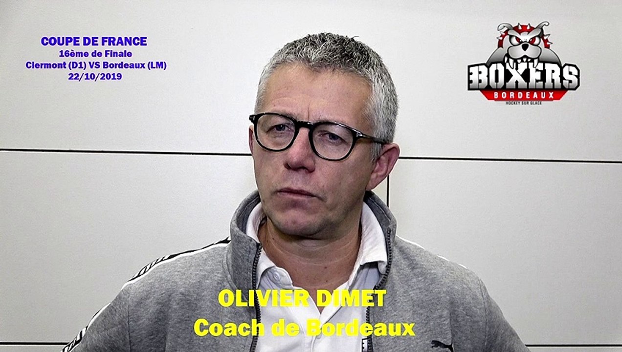Hockey sur glace Interview Olivier Dimet Coach des Boxers de Bordeaux, 16èmes de Finale Coupe de France 2019-10-22 (Clermont vs Bordeaux)