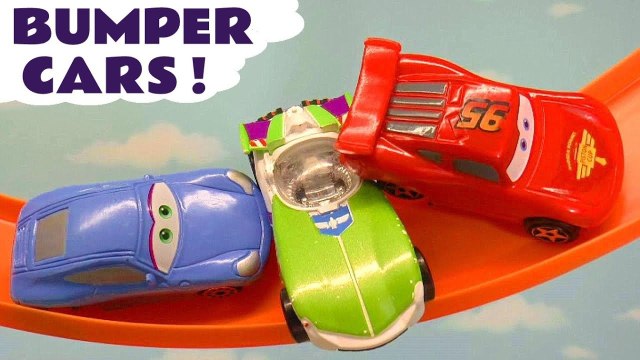 Hot Wheels Bumper Cars with Disney Pixar Lightning McQueen vs Toy Story 4 and DC Comics & Marvel Avengers 4 Superheroes in this Full Episode English