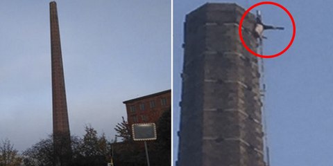 Este hombre se queda colgado de la chimenea de una fábrica, a más de 82 metros de altura