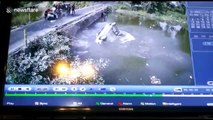 Terrifying video shows car carrying family of five thrown into river after headlong collision in north India